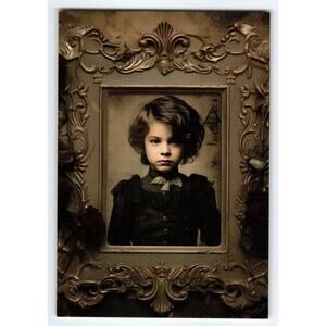 Vintage Halloween Photochrome Postcard Gothic Child in Ornate Frame